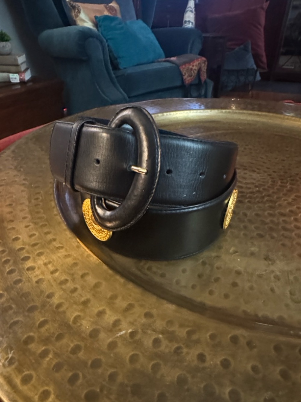 Women's Black Leather Belt with Gold Medallion Accents